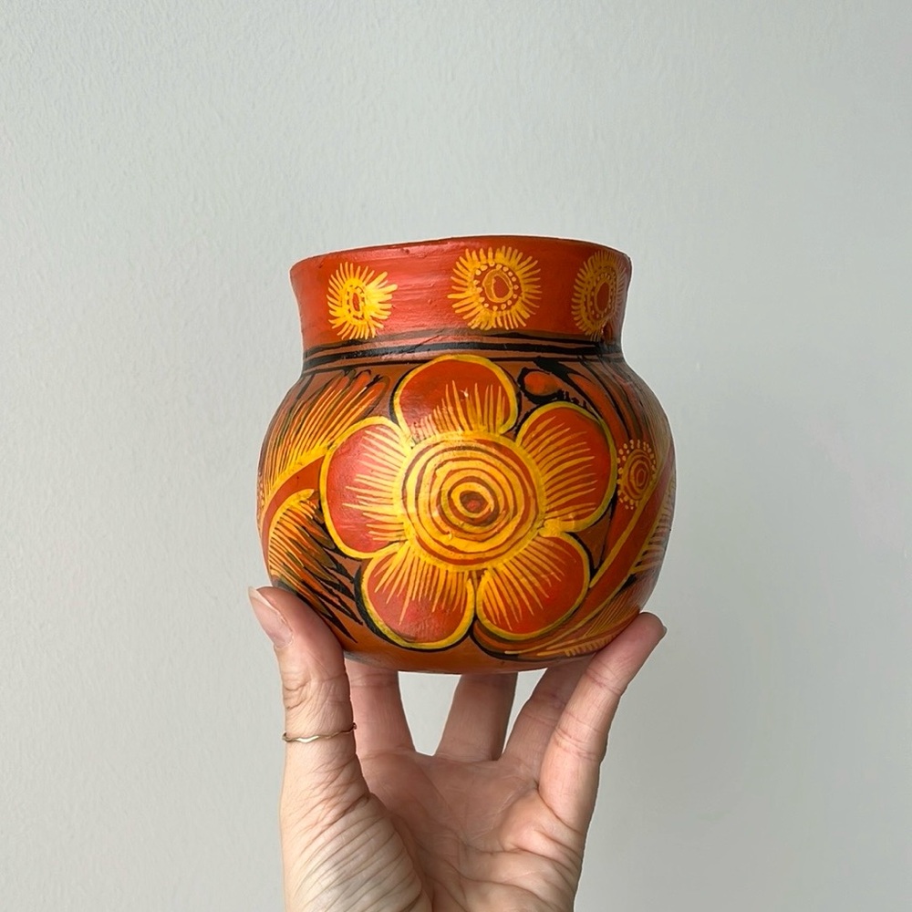 Vintage Hand Painted Floral Terracotta Hanging Planter Mexico